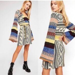 Free People Orange and Blue V-Neck Long Sleeve Dress